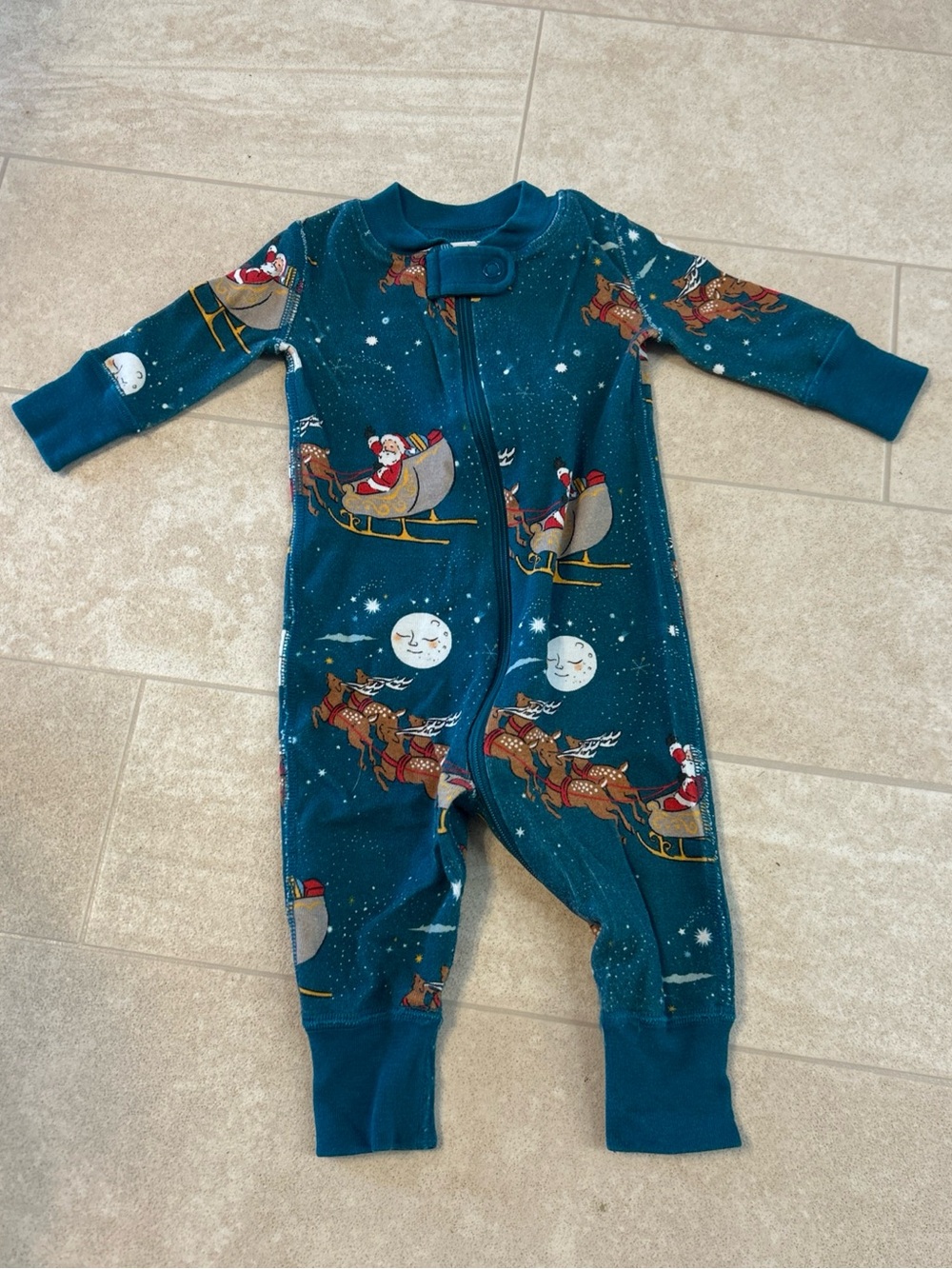 Hanna Andersson Blue Santa's Sleigh Xmas  1pc Zip Pjs Organic Cotton 50cm 0-3